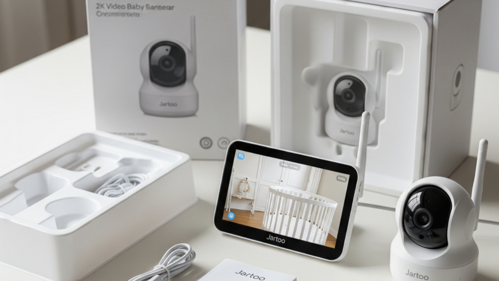 An attractively unpacked Jartoo 2K Video Baby Monitor arranged on a clean surface, with its box open in the back