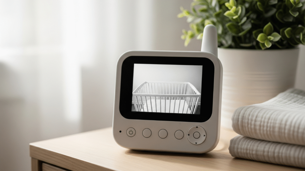 Close-up of a modern baby monitor on a nightstand with a clear display