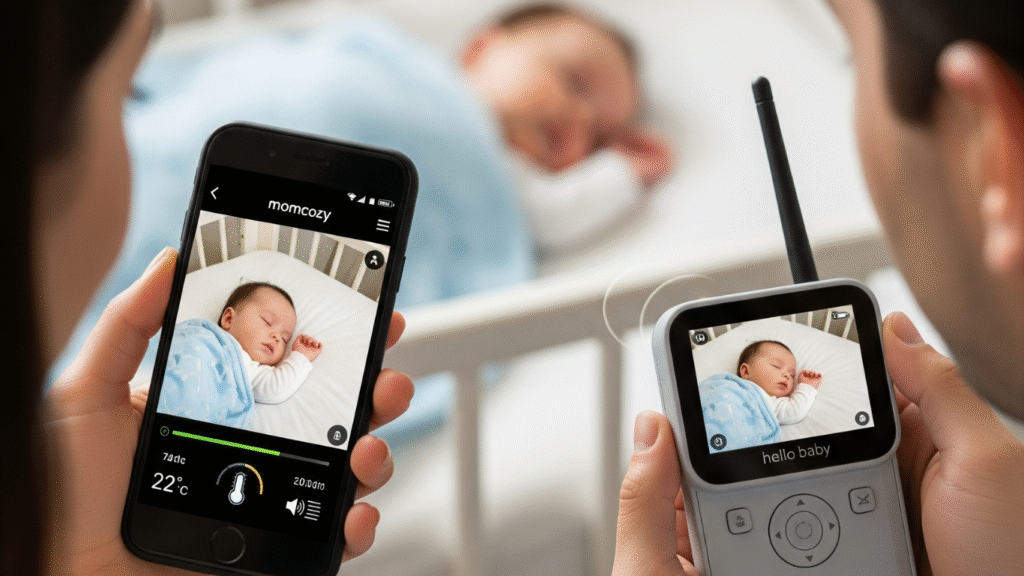 Mom using the Momcozy mobile app beside another mom using Hello Baby’s handheld monitor