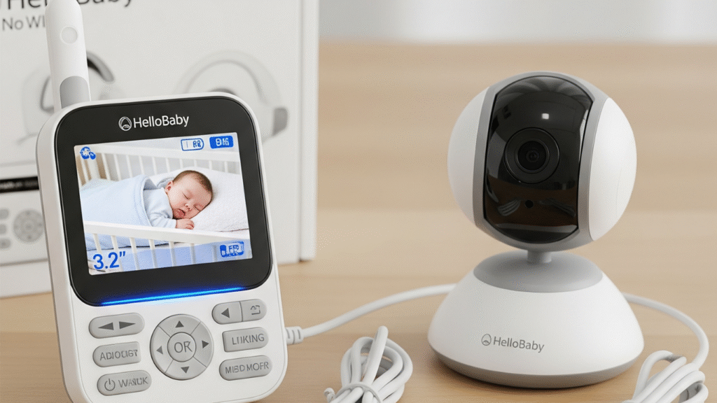An attractively unpacked HelloBaby No WiFi Baby Monitor is displayed in a bright, clean product shot