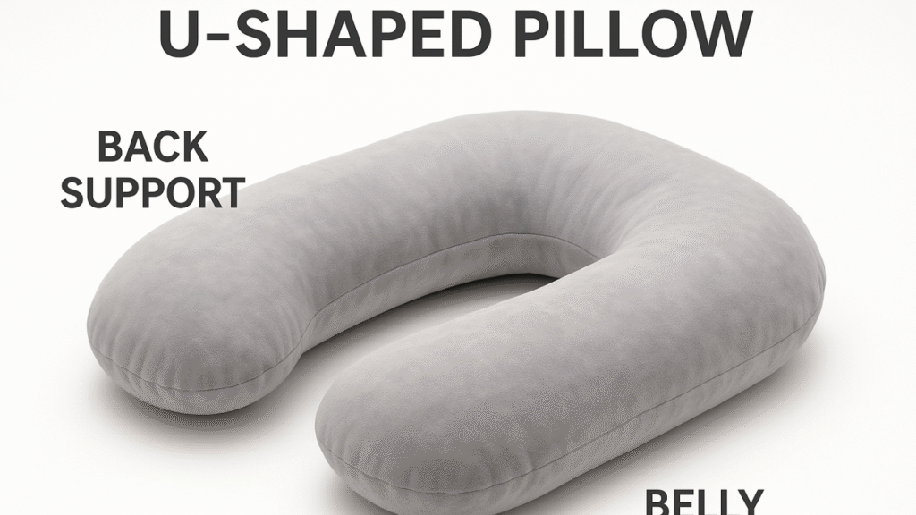 Pregnant woman using a U-shaped pregnancy pillow for back and belly support