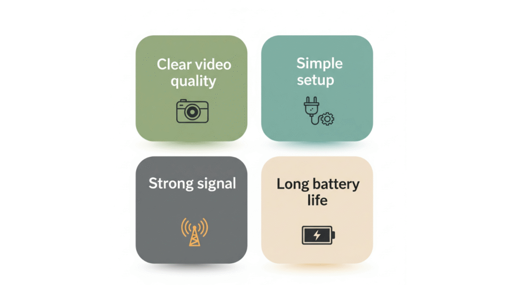Infographic showing baby monitor features: clear video, simple setup, strong signal, and long battery life