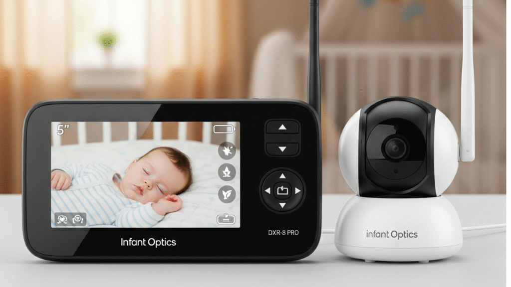 A detailed product photo of an Infant Optics baby monitor and its camera unit, shown on a white surface with a blurred nursery background.