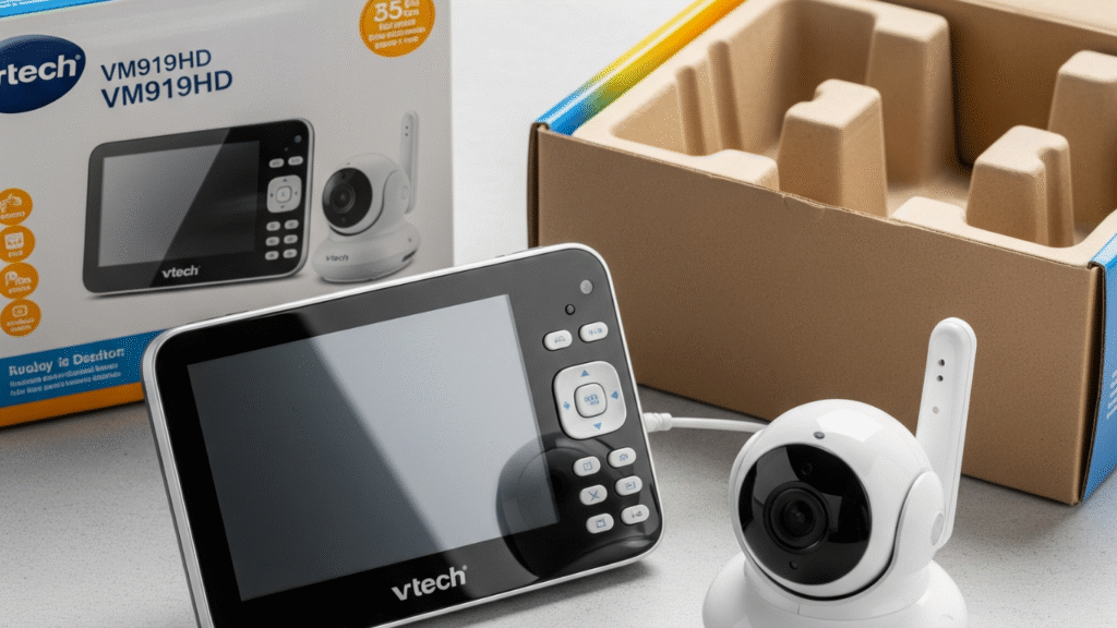 An attractively unpacked VTech VM919HD Baby Monitor and camera displayed on a light gray surface, with its box open in the back