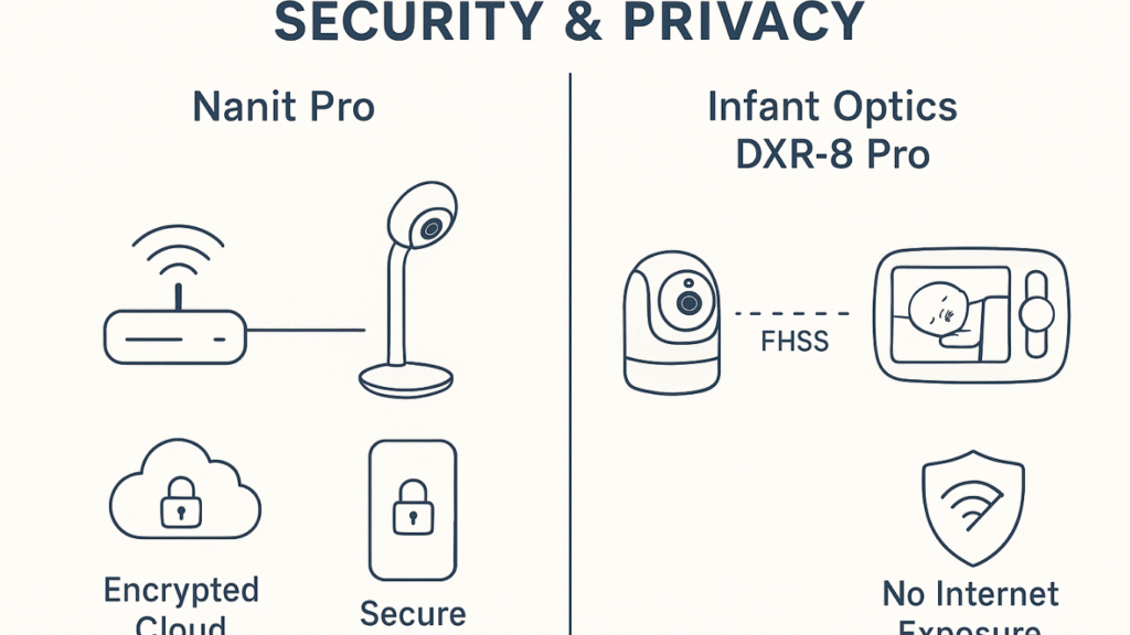Side-by-side infographic comparing Nanit Pro and Infant Optics DXR-8 Pro baby monitors on security and privacy, with Wi-Fi encryption vs FHSS private signal, privacy risk levels, and ratings.