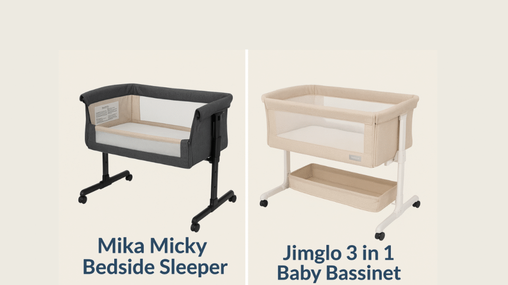 A white baby bassinet is placed next to the bed in a modern and comfortable bedroom.