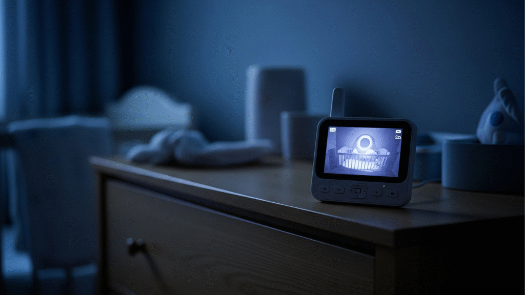 Compact baby monitor showing night vision view in a dimly lit nursery
