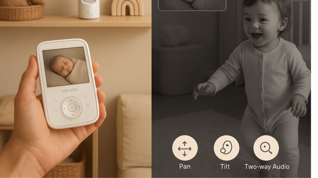 Cozy nursery scene with Infant Optics DXR-8 Pro baby monitor showing a sleeping baby, ergonomic design, and pan-tilt-zoom features in use
