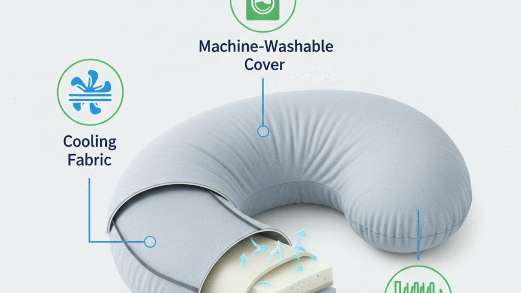 Pregnancy pillow features infographic showing washable cover, cooling fabric, and adjustable firmness