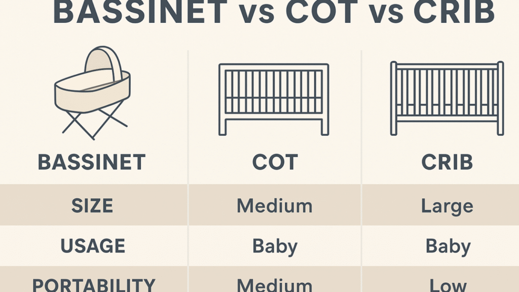 Bassinet vs cot vs crib comparison infographic with size, usage, portability, longevity