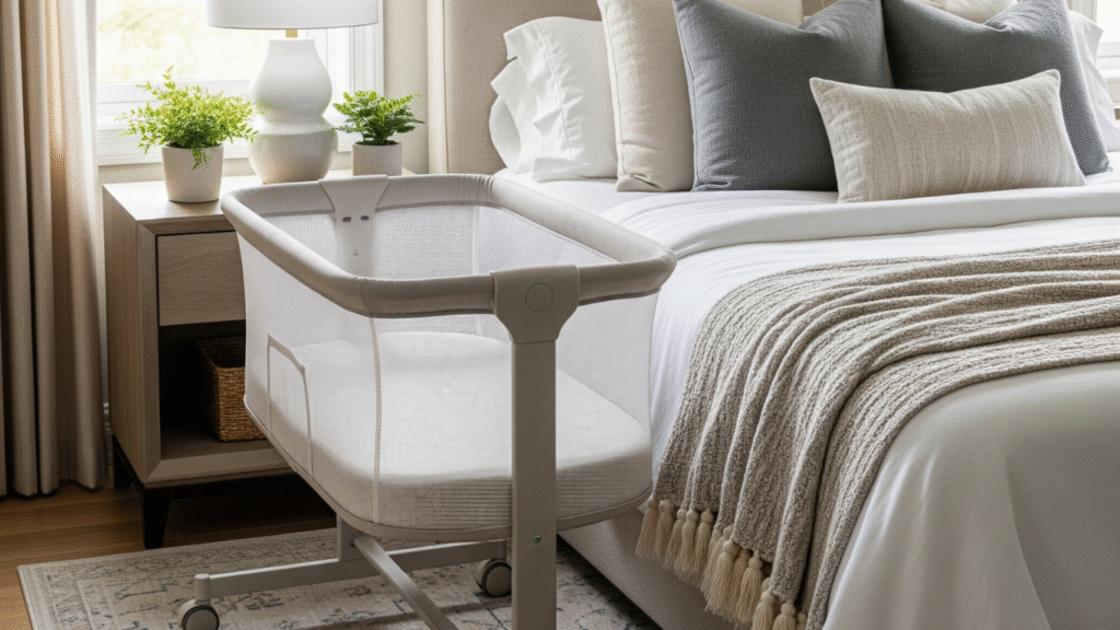 A white baby bassinet is placed next to the bed in a modern and comfortable bedroom.