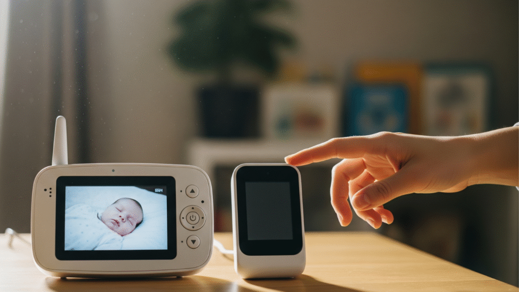 Parent choosing between two baby monitors placed on a wooden table