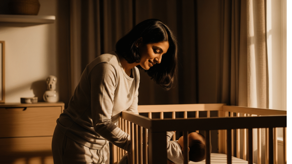 Baby sleeping safely in crib with no loose items