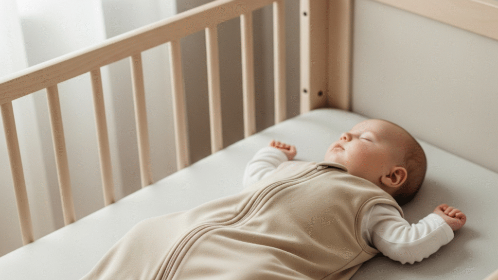 Mother with baby using cot or crib in safe sleep setup