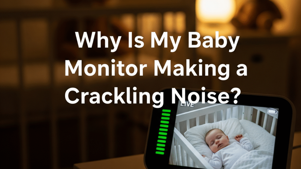 Feature image of a baby monitor on a bedside table with glowing signal bars, text overlay “Why Is My Baby Monitor Making a Crackling Noise?