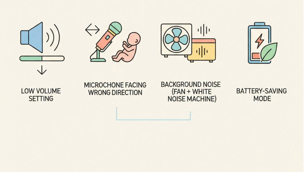 Infographic showing reasons why Momcozy baby monitor sounds quiet