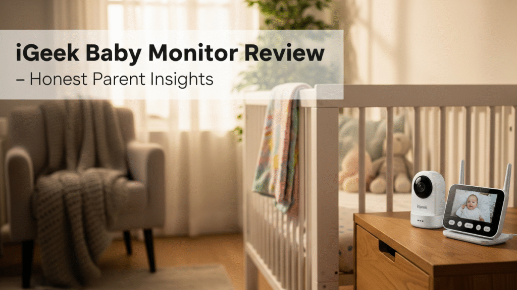 “iGeek baby monitor on a bedside table next to crib