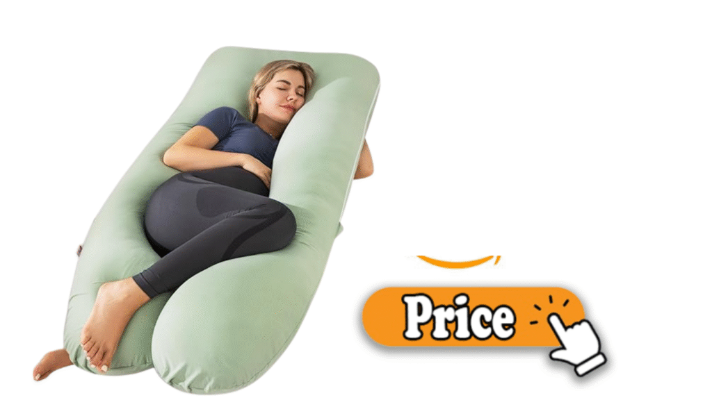 Pregnant woman using C-shaped pillow for belly and back support