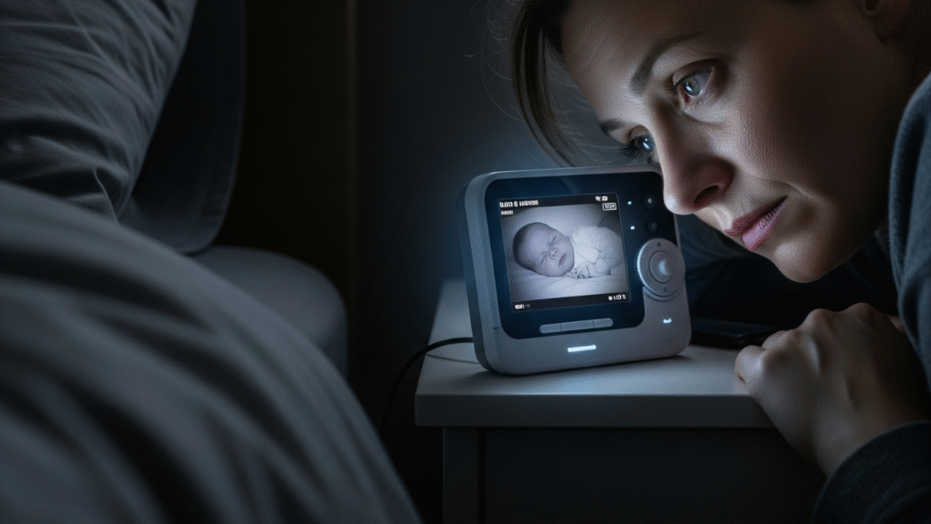 Parent leaning closer to baby monitor at night to hear better