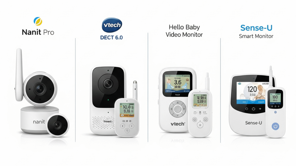 Comparison image of the best baby monitors for clear sound: Nanit Pro, VTech DECT 6.0, Hello Baby Video Monitor, and Sense-U Smart Monitor