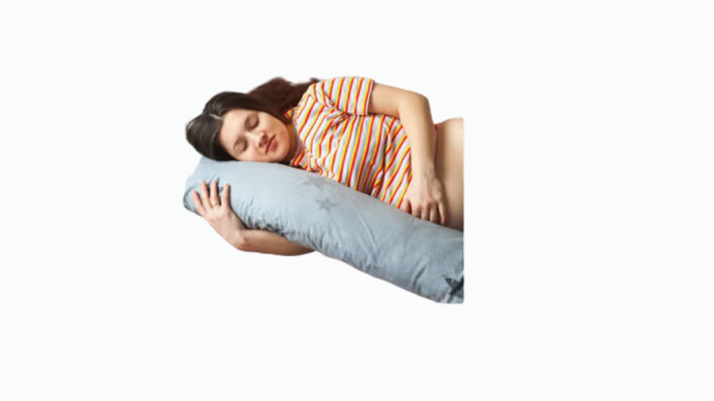 Pregnant woman sleeping with blue body pillow