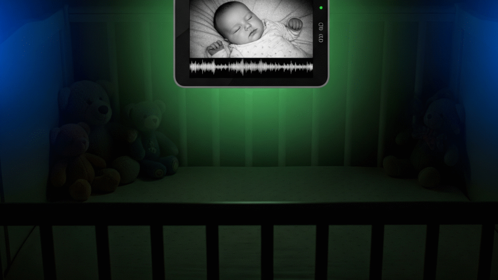 Baby monitor night vision showing baby sleeping in crib