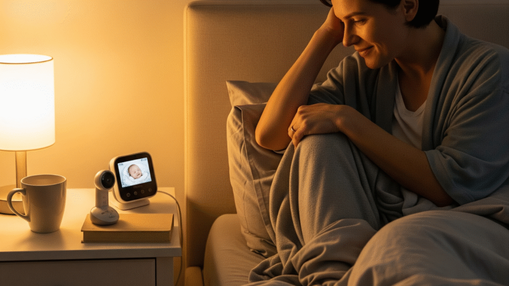 Parent peacefully watching Momcozy baby monitor at night
