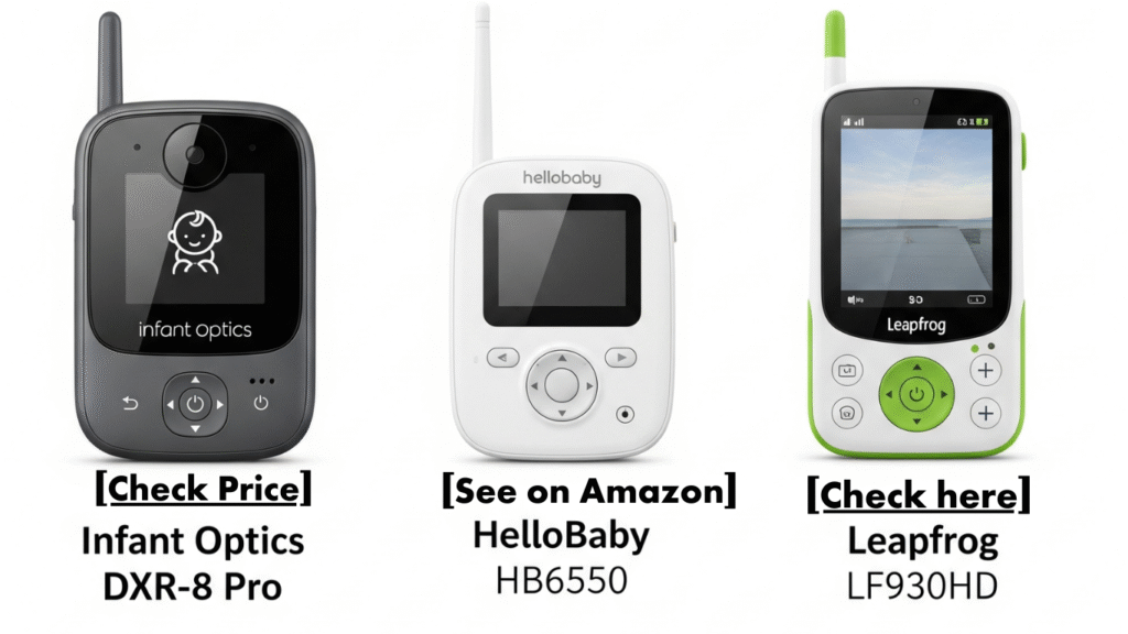 Loudest baby monitors compared: Infant Optics DXR-8 Pro, HelloBaby HB6550, Leapfrog LF930HD