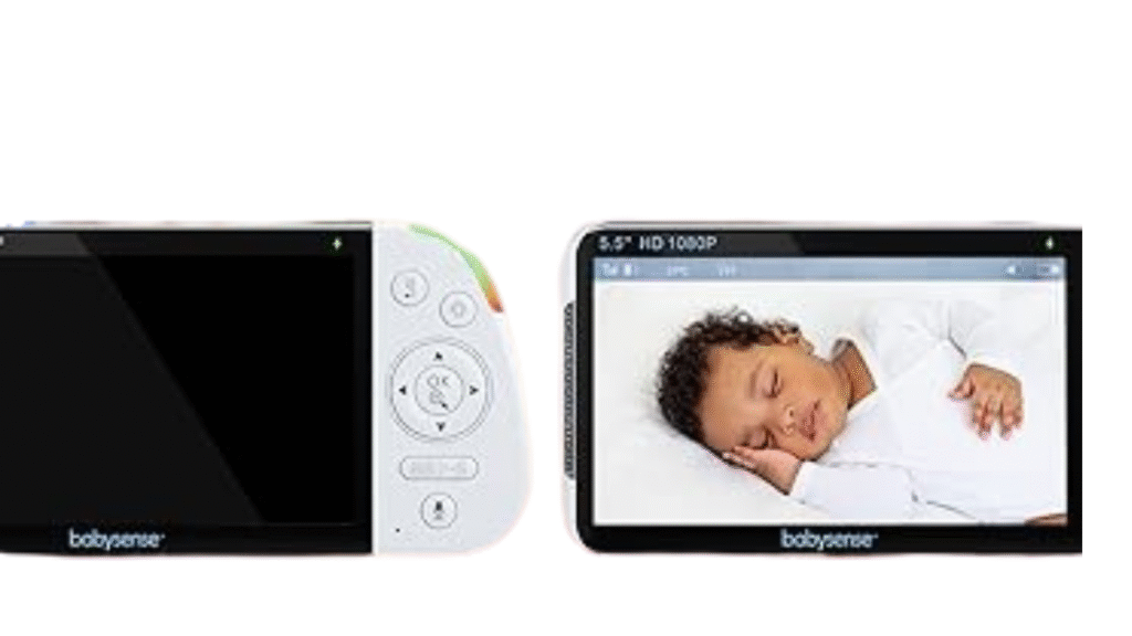 Babysense baby monitor with parent unit showing a baby sleeping on screen