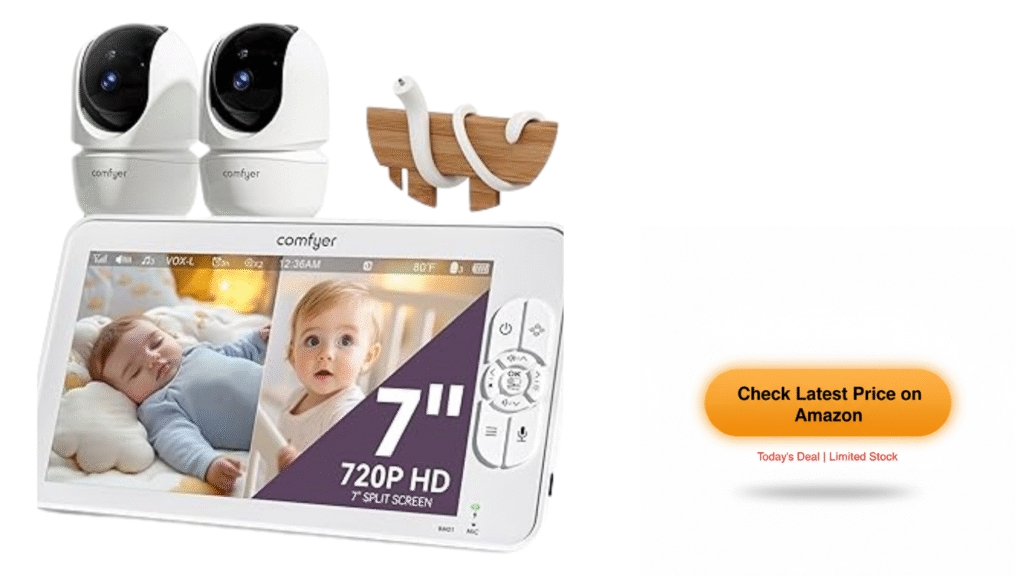Comfyer baby monitor parent unit on a table displaying clear video