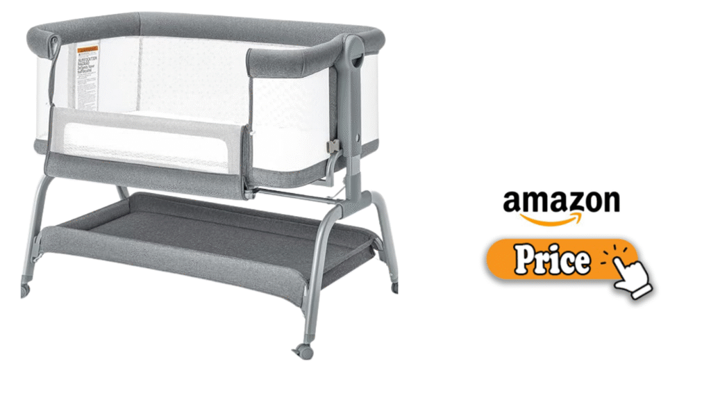 Mother gently rocking her newborn in the BabyBond Rocking Baby Bassinet beside the bed