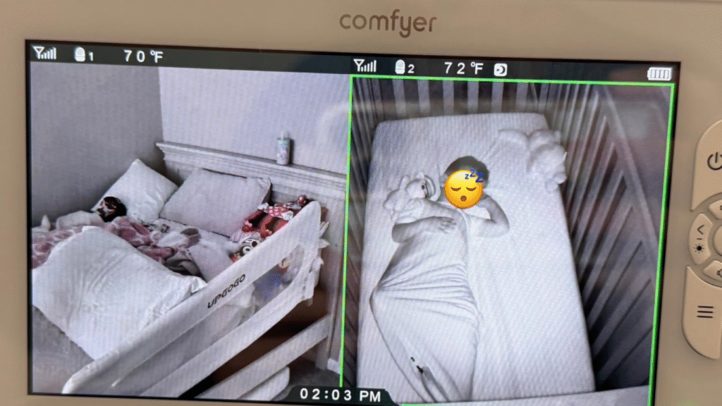 Comfyer baby monitor split-screen showing two camera feeds
