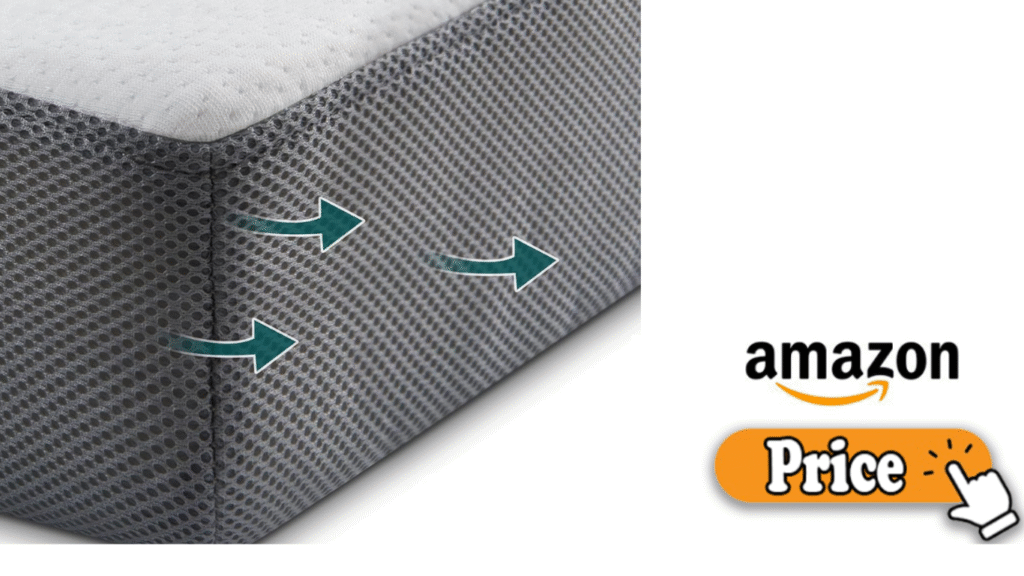 Close-up view of a gray crib mattress surface showing breathable airflow arrows.