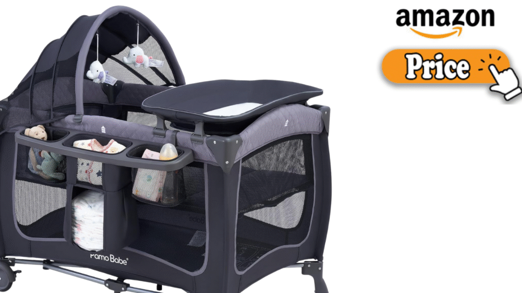 Pamo Babe travel crib with dark fabric and mesh sides