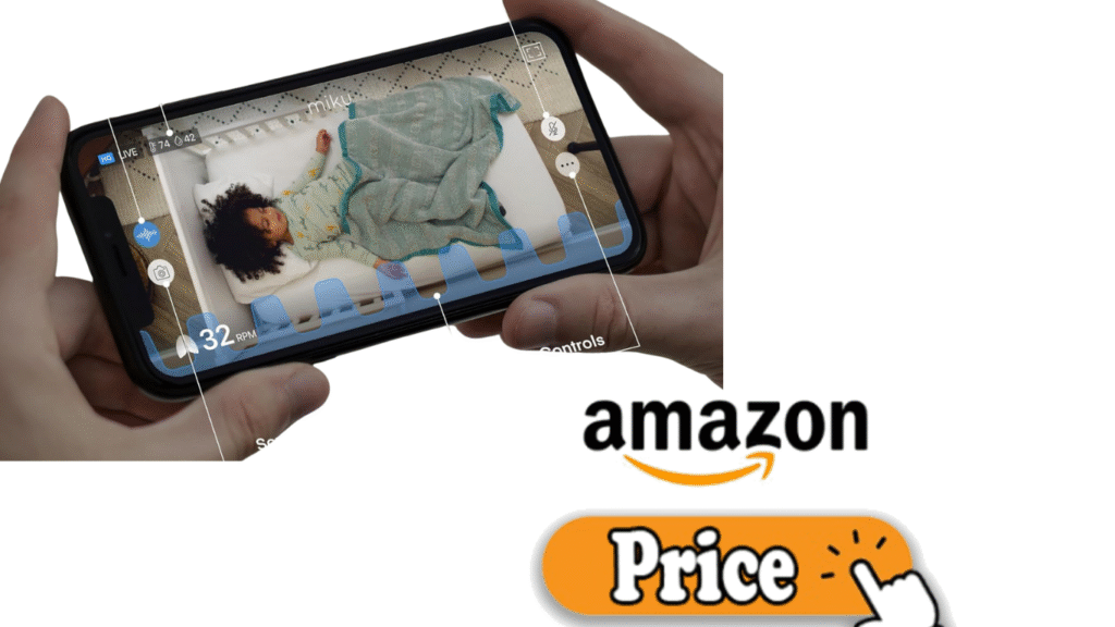 Parent using Miku Pro baby monitor app to watch real-time breathing and sleep tracking on phone.