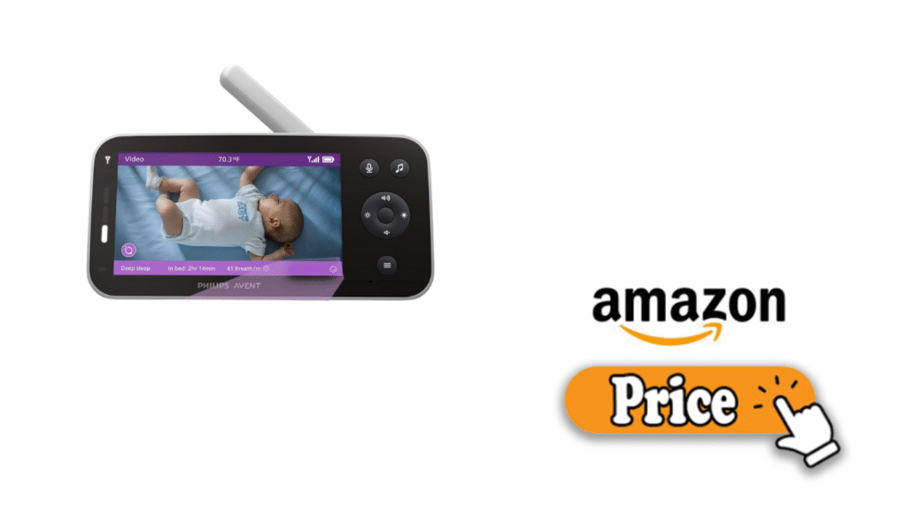 Philips Avent baby monitor showing video display with camera and parent unit