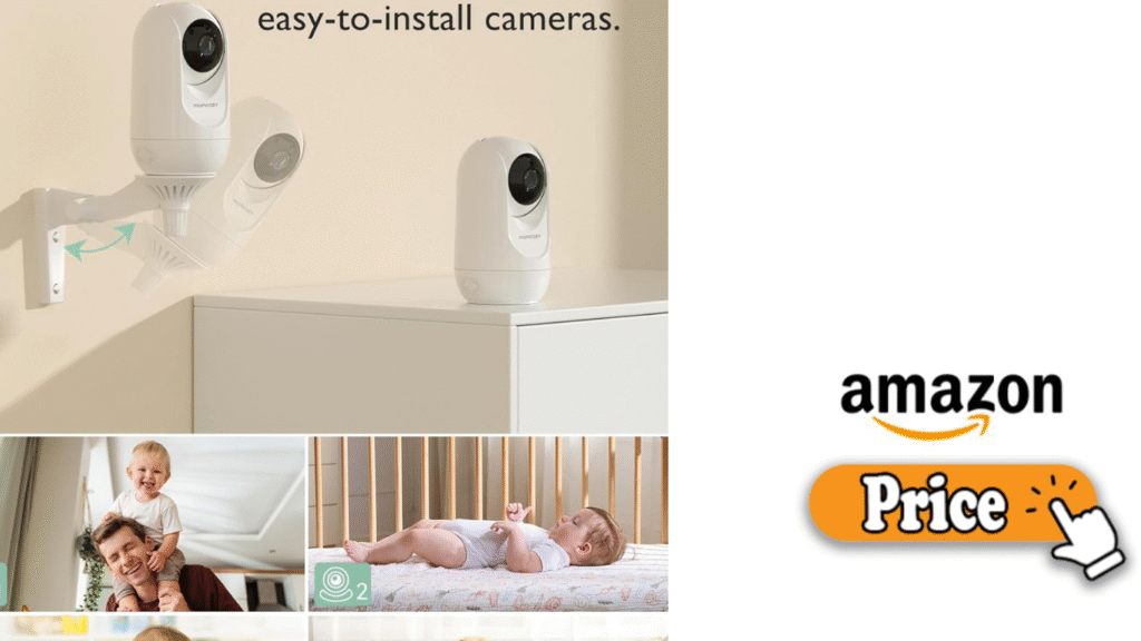 “Close-up view of a Momcozy baby monitor camera placed on a shelf.”