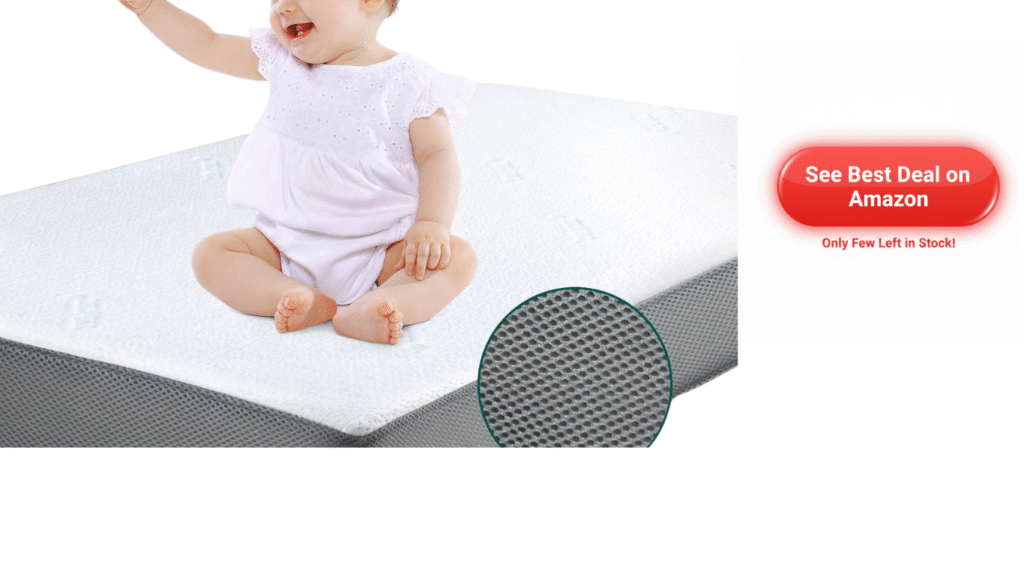 Baby sitting on a white crib mattress with a gray breathable side panel.