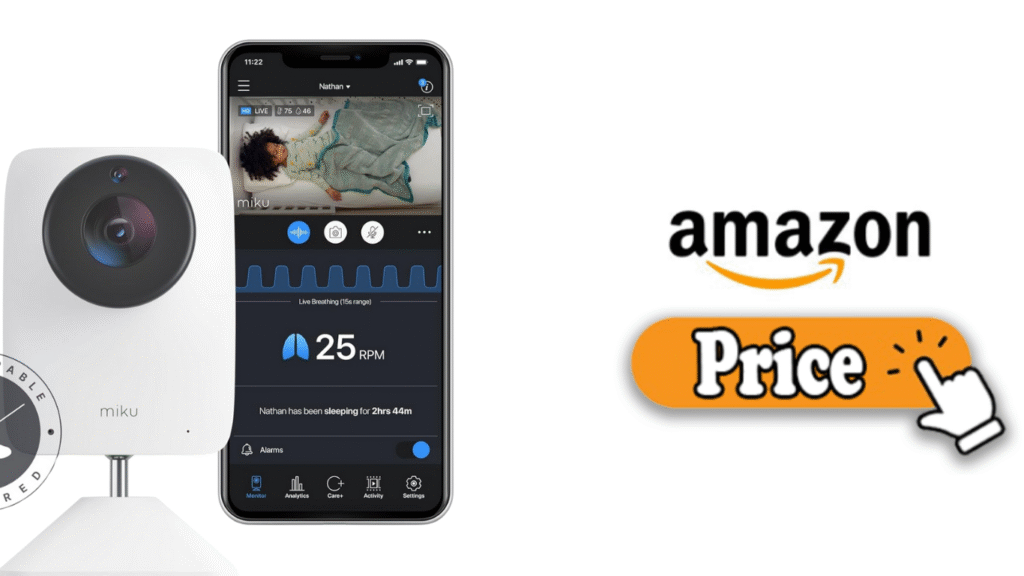 Miku Pro Smart Baby Monitor with Wall Mount Kit shown on Amazon product listing