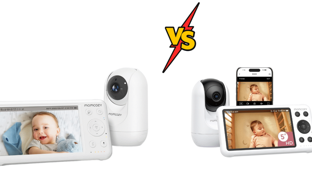 “Side-by-side comparison of two Momcozy baby monitor models with a VS symbol