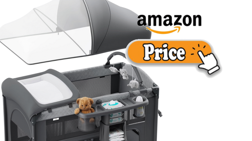 Light gray Pamo Babe travel crib with changing table