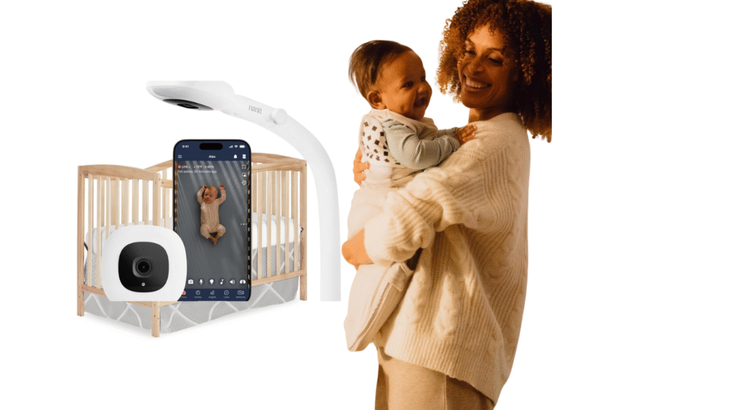 Nanit Pro smart baby monitor showing a sleeping baby with calm breathing tracking at night