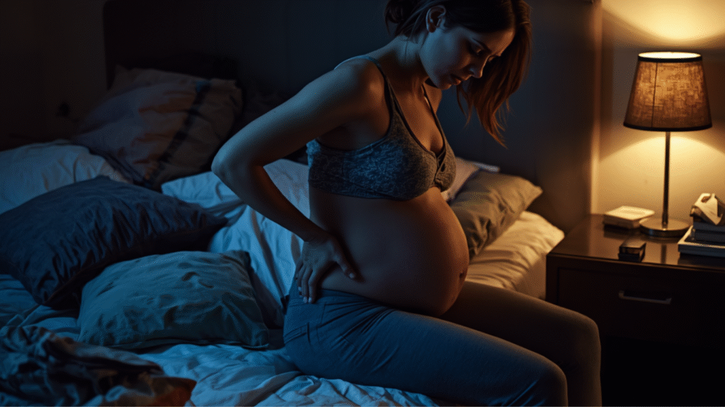 Pregnant woman holding her lower back while sitting on a bed at night Title