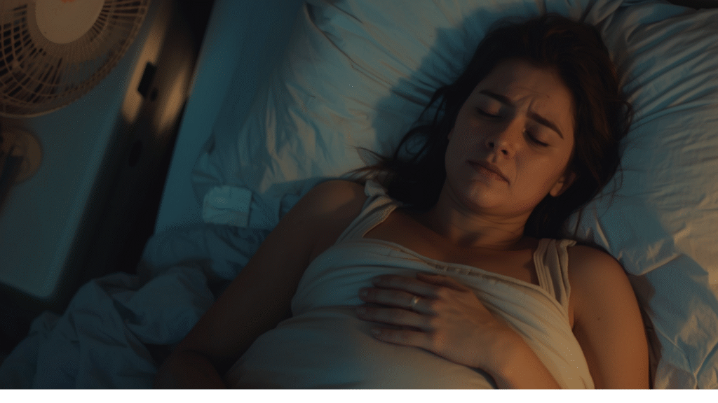 Pregnant woman feeling hot while sleeping with a thick pregnancy pillow