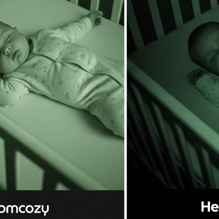 Split-screen view comparing Momcozy and Hello Baby baby monitors’ night vision in a dark room